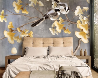 Serene Chinoiserie Birds, Golden Ginkgo Leaves Wallpaper Mural, Artistic Textured Accent Wall Decor for Living Room, Office, Peel and Stick