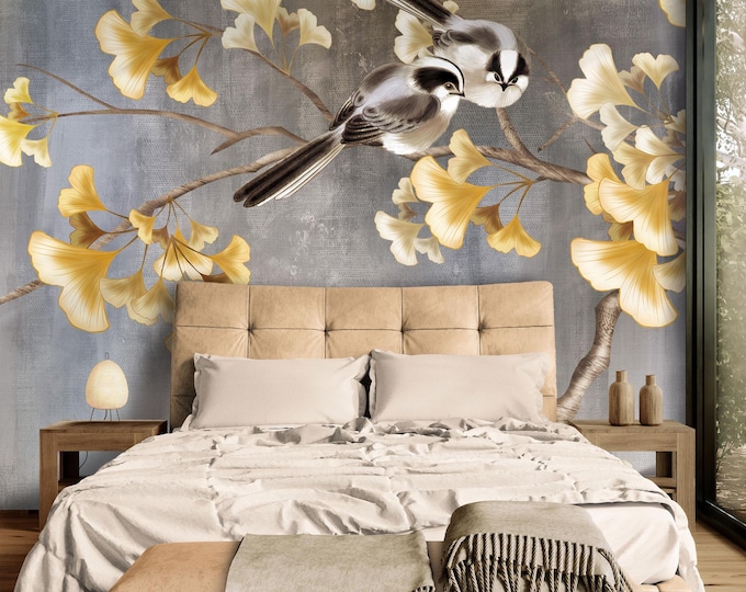 Serene Chinoiserie Birds, Golden Ginkgo Leaves Wallpaper Mural, Artistic Textured Accent Wall Decor for Living Room, Office, Peel and Stick