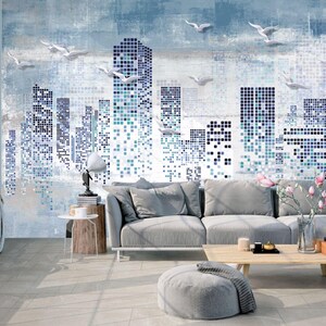Mural de pared moderno con mosaico urbano: horizonte azul con pájaros, papel tapiz autoadhesivo urbano, vinilo removible para sala de estar u oficina. imagen 1