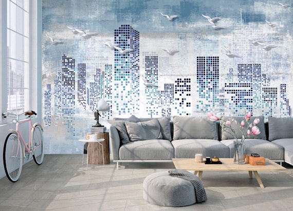 Modern Mosaic City Wall Mural – Blue Skyline with Birds, Urban Peel & Stick Wallpaper, Removable Vinyl Accent for Living Room or Office