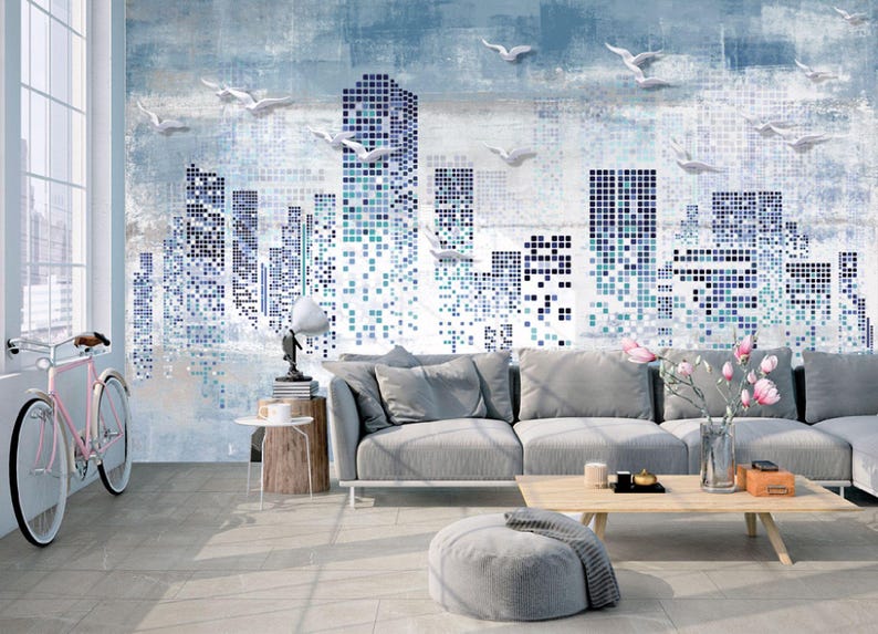 Mural de pared moderno con mosaico urbano: horizonte azul con pájaros, papel tapiz autoadhesivo urbano, vinilo removible para sala de estar u oficina. imagen 1