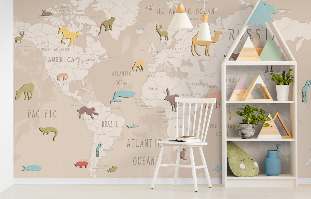 World Map Wallpaper Mural for Kids Bedroom, Children Room Unique Design ...