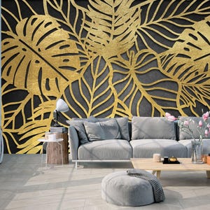 Gold Floral Wallpaper Wall Mural, Unique Design Flowers and Leaves, Peel and Stick or Traditional, Mural for Bedroom, Living Room, Bathroom
