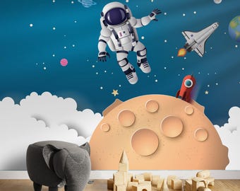 Astronaut And Rockets on the Moon Wallpaper, Blue Space Theme Child Room Self Adhesive Peel and Stick Removable Nursery Wall Murals