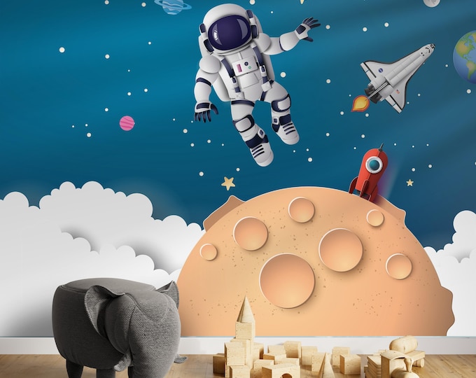 Astronaut And Rockets on the Moon Wallpaper, Blue Space Theme Child Room Self Adhesive Peel and Stick Removable Nursery Wall Murals