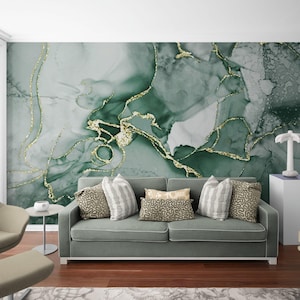 Carta da parati murale in stile marmo verde, murale in pietra naturale con sfumature dorate, carta da parati staccabile e adesiva per camera da letto, soggiorno, ingresso