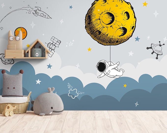 Astronaut Kids Room Wallpaper - Space Theme Mural with Rocket, Stars, Planets - Unique Cartoon Wall Decal with UFO for Modern Boy Room Decor