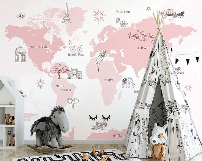 Pink World Map Child Room Wallpaper Nursery Wall Mural  Girl Child and Baby Room Decoration (CR20)
