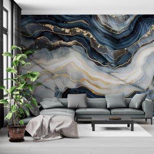 Mural de pared estilo mármol azul, mural de piedra natural con tonos dorados, papel tapiz autoadhesivo para dormitorio, sala de estar y entrada.