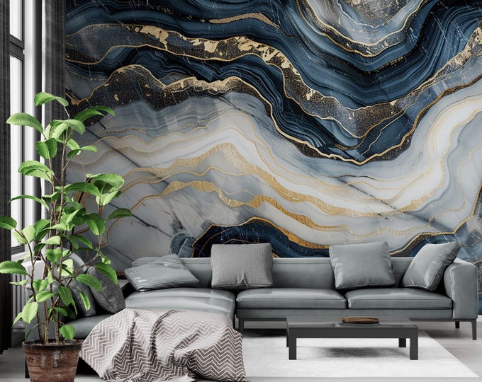 Blue Marble Style Wallpaper Wall Mural, Natural Stone Mural with Gold Shades, Peel and Stick Wallpaper for Bedroom, Living Room, Entryway