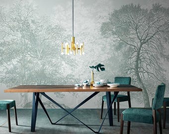 Floral Wallpaper Mural, Flower Wall Mural, Botanical Wallpaper , Peel and Stick or Traditional Green Wallpaper, Removable Tropical Wallpaper