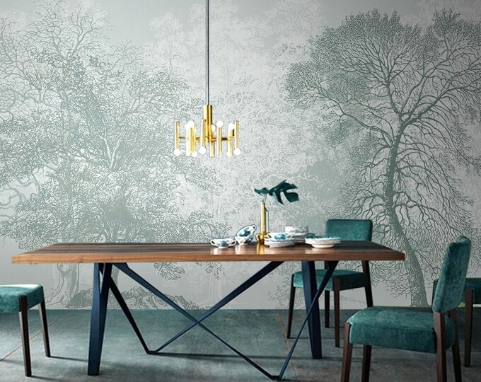 Floral Wallpaper Mural, Flower Wall Mural, Botanical Wallpaper , Peel and Stick or Traditional Green Wallpaper, Removable Tropical Wallpaper