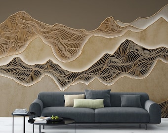 Abstract Golden Waves Wall Mural Wallpaper Home Decor For Living Room Bedroom Entryway Cafe (AB26A)