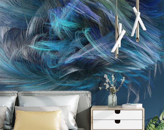 Abstract Waves Blue Green Wall Mural , Modern Peel and Stick  Mural for Living Room , Bedroom, Dark Wallpaper
