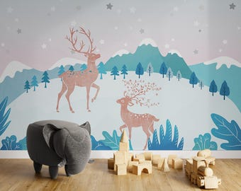 Forest Cartoon Style Child Room Wallpaper Wall Mural, Deers and Trees Wall Mural, Colorful Nursery Peel and Stick or Traditional Wallpaper