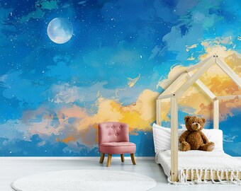 Sky and Moon Child Room Wallpaper, Midnight Blue Abstract Nursery Wall Mural, Baby Room Colorful Peel and Stick   or Traditional Wallpaper