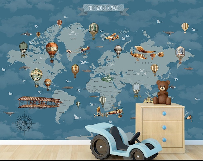 World Map Child Room Wallpaper  Air Balloon Planes Nursery Wall Mural  Baby Room Decoration, Kids Room Mural, Gift for Children