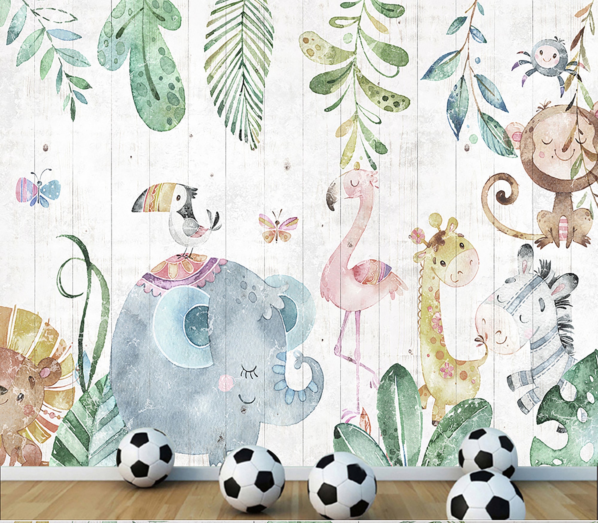 Child Room Wallpaper, Nursery Floral and Animal Wall Mural, Elephant