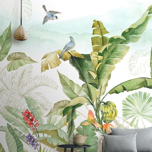 Tropical Large Flowers and Birds Wallpaper, Unique Botanical Peel and Stick Floral Wall Mural, Modern Green Design For Living Room Bedroom