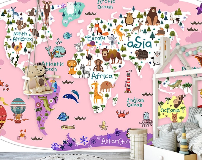 World Map Child Room Wallpaper  Pink Nursery Wall Mural  Girl Child and Baby Baby Room Decoration (CR38)