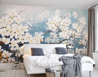Floral Wallpaper for Bedroom, Bathroom or Dining Room, Botanical White Flowers on Blue Wall Mural, Nature Peel and Stick Vinyl Wallpaper