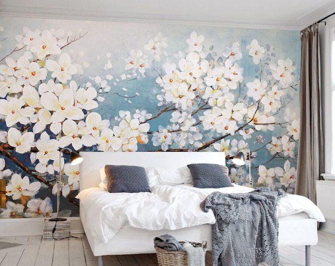 Floral Wallpaper for Bedroom, Bathroom or Dining Room, Botanical White Flowers on Blue Wall Mural, Nature Peel and Stick Vinyl Wallpaper