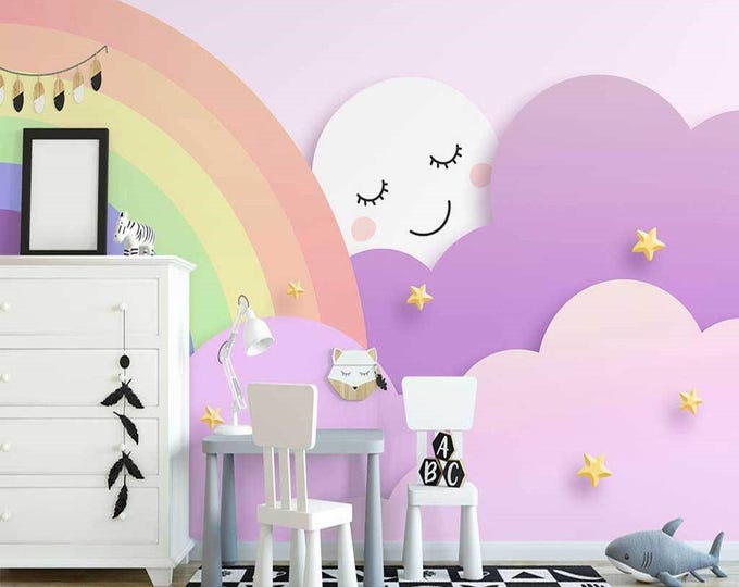 Rainbow Cloud Moon Nursery Wallpaper – Pastel Baby Girl Wall Mural for Kids Room, Peel & Stick , Pink Whimsical Art Decor Style