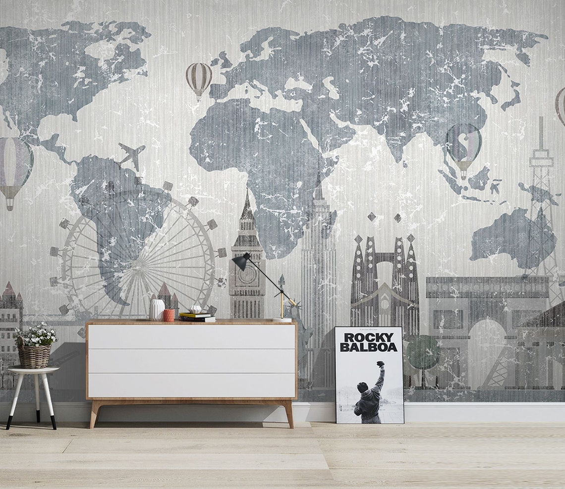 World Map Wall Paper Modern Wall Mural Home Decor For Living Etsy