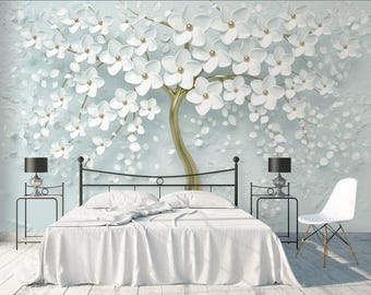 White flowers Wallpaper 3d Embossed Wall Mural  Beautiful Wedding Room Wallpaper (FL29)