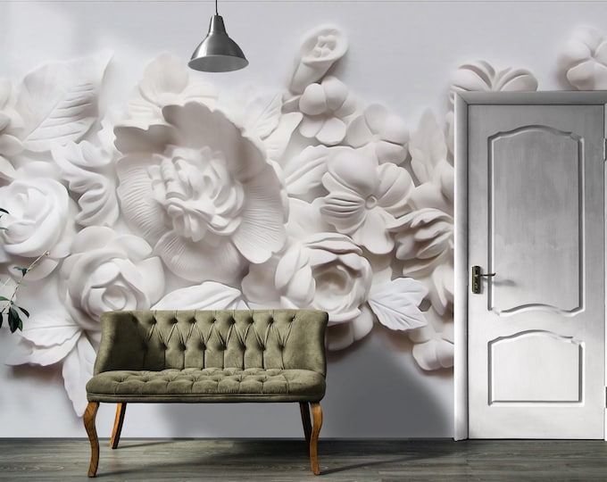 3D White Floral Wall Mural, Elegant Textured Flower Wallpaper, Modern Botanical Wall Art for Bedroom, Office, Bathroom or Living Room