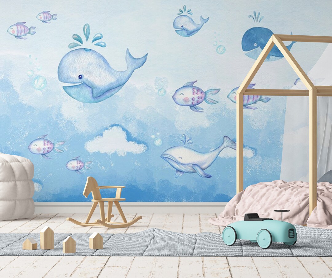 Blue Sky Child Room Wallpaper Wall Mural, Whales and Clouds Kids Room ...