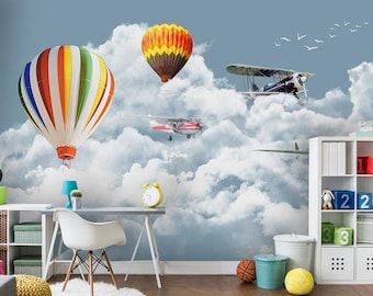 Air Baloon and Plane Kids Room Wallpaper, Nursery Room Wall Mural  Modern Home Decoration (CR60)