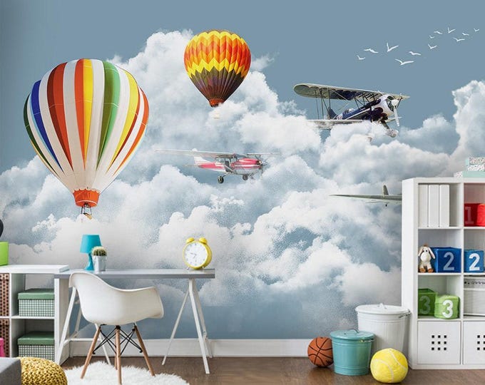 Air Baloon and Plane Kids Room Wallpaper, Nursery Room Wall Mural  Modern Home Decoration (CR60)