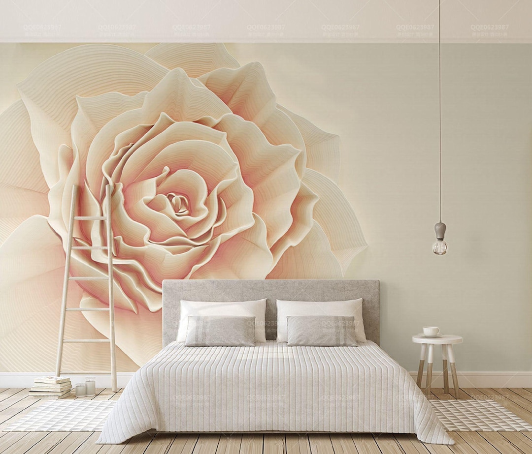 3D Rose Wallpaper Mural – Oversized Textured Beige and Blush Pink ...