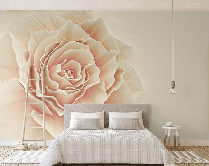 3D Rose Wallpaper Mural – Oversized Textured Beige and Blush Pink Flower Wall Art – Elegant Modern Living Room Accent Décor Gift Idea