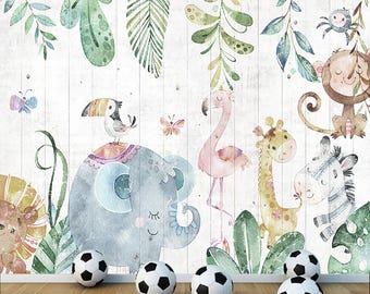 Child Room Wallpaper, Nursery Floral and Animal Wall Mural, Elephant , Lion , Monkey, Giraffe Mural , Tropical Baby Room Wall Decoration