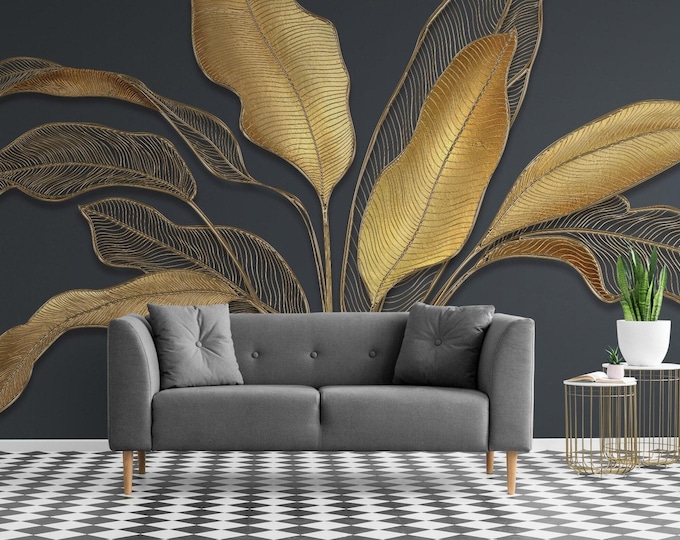 Gold Leaf Floral Wallpaper, Flower Wall Mural, Elegant Wallpaper For Living Room, Bedroom, Entryway Cafe, Elegant Wallpaper, Unique Mural