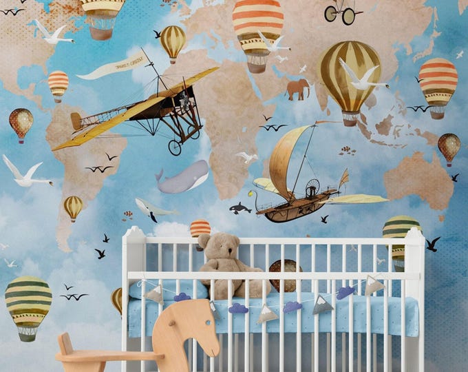 Child Room World Map Wallpaper Wall Mural, Air Balloon , Birds, Animals Kids Room,  Colorful Nursery Peel and Stick or Traditional Wallpaper