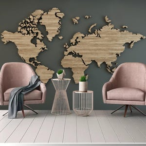 Wereldkaart muurschildering, prachtig 3D-behang met houteffect, modern interieur voor woonkamer slaapkamer hal café (WM2)