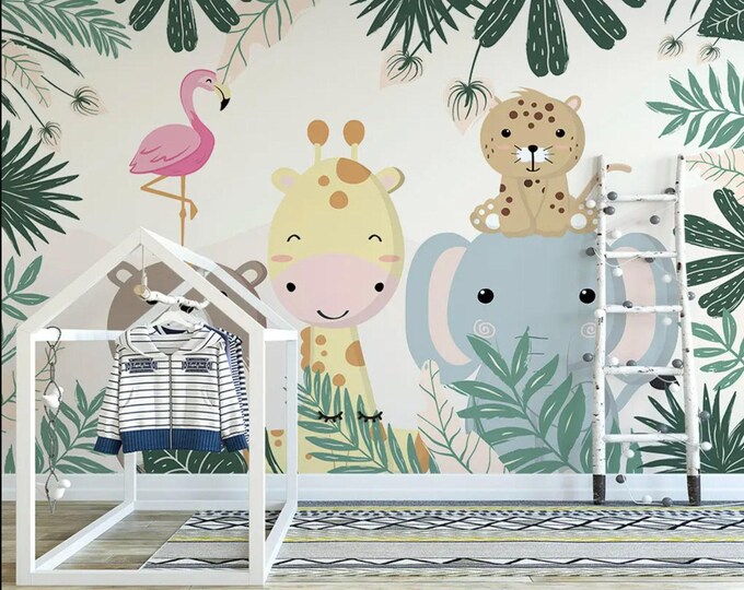 Safari Friends Wall Mural – Adorable Jungle Theme Nursery Wallpaper with Leopard, Bear, Giraffe, Flamingo – Peel and Stick  Art