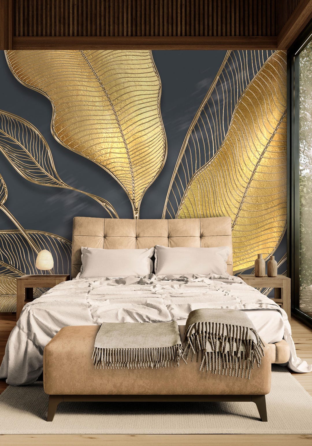 Modern Art Gold Leaf Wallpaper Floral Wall Mural Modern Home Decor for ...