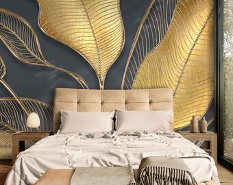 Modern Art Gold Leaf  Wallpaper Floral Wall Mural Modern Home Decor For Bedroom, Gold Nature Style Wall Mural, Elegant New Home Gift