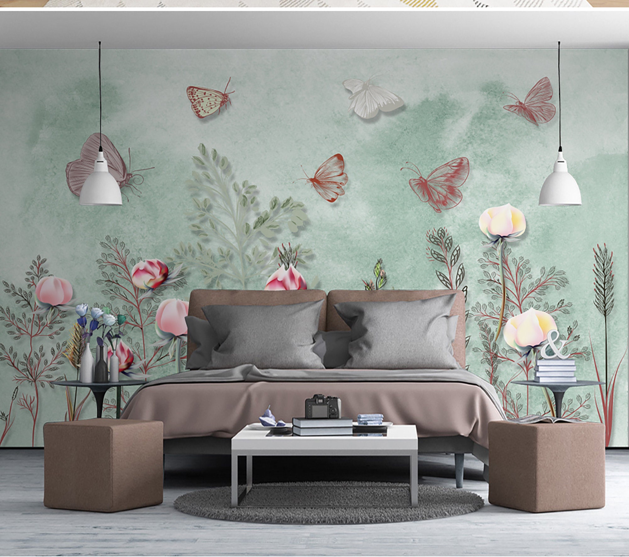 Butterfly Floral Wall Mural Flowers Wallpaper Modern Home | Etsy