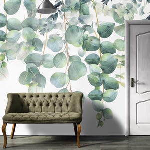 Watercolor Eucalyptus Wall Mural, Hanging Greenery Botanical Wallpaper, Peel and Stick Plant Wall Art for Bedroom, Nursery or Office Decor