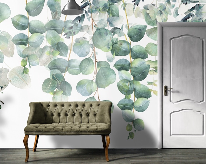 Watercolor Eucalyptus Wall Mural, Hanging Greenery Botanical Wallpaper, Peel and Stick Plant Wall Art for Bedroom, Nursery or Office Decor