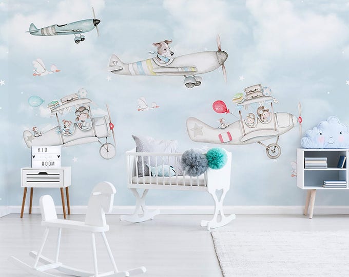 Child Room Plane Cartoon Wallpaper  Nursery Wall Mural  Baby Room Decoration (CR86)