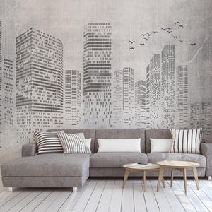 Modern City 3D Embossed Wall Mural , Abstract City Silhouette Wallpaper for Livingroom, Cafe, Entryway and Bedroom (AB13)