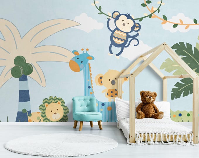 Child Room Wallpaper, Nursery Floral, and Animal Wall Mural, Lion, Monkey, Giraffe Mural, Tropical Baby Room Wall Decoration, Peel and Stick
