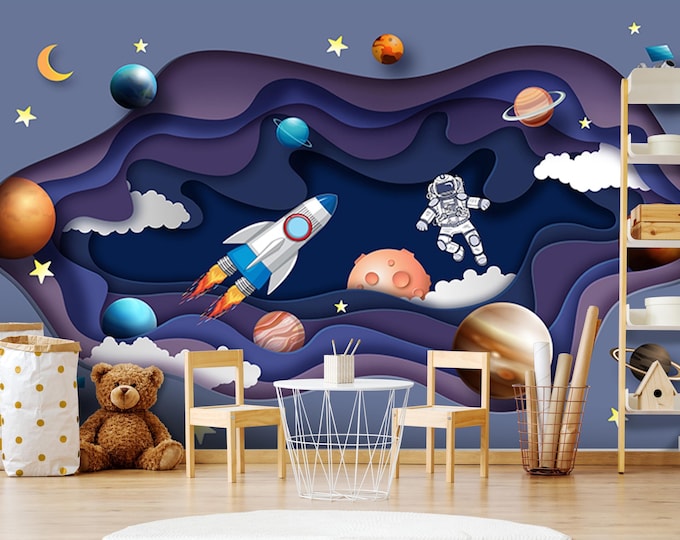 Astronaut Kids Room Wallpaper, Space Theme Kids Wall Mural, Rocket, Stars and Planets, Blue  Purple Cartoon Wall Decal Modern Boys Room Art