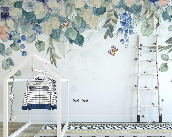 Nursery Wallpaper Mural, Child Room Mural Decoration, Peel and Stick or Traditional Floral Wallpaper, Removable Peel and Stick Wallpaper